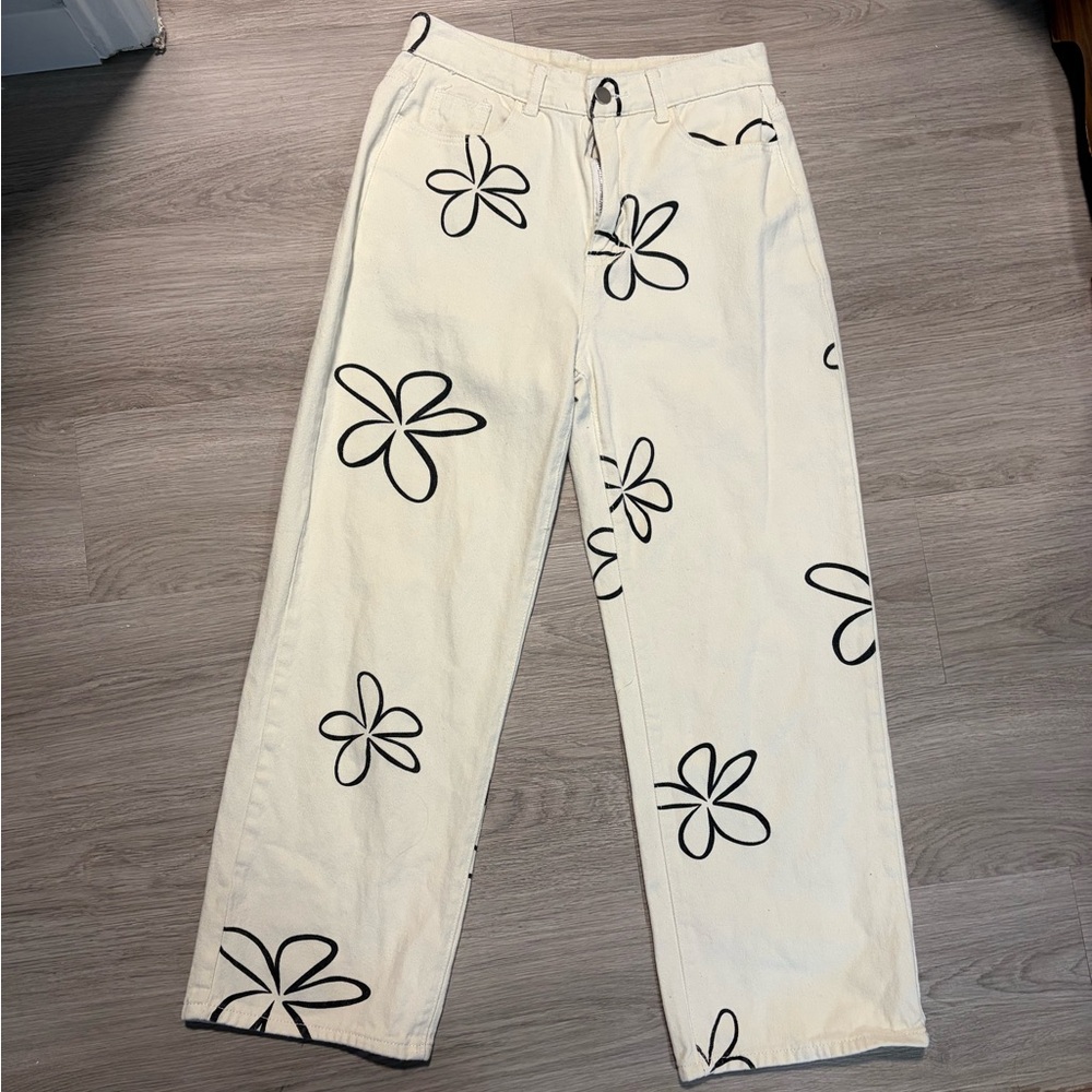 White Jeans with Black Flowers